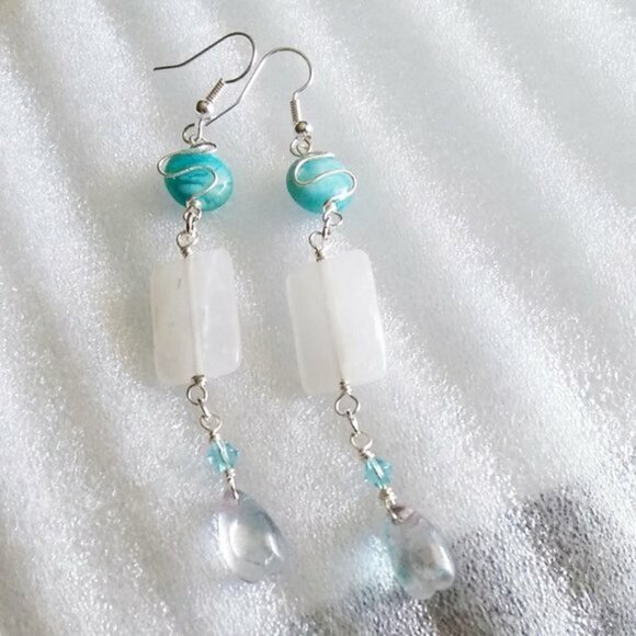 Frosted Quartz Rock Crystal + Aqua Jade Extra Long Wire Wrapped Dangle Earrings - Picture 5 of 6
